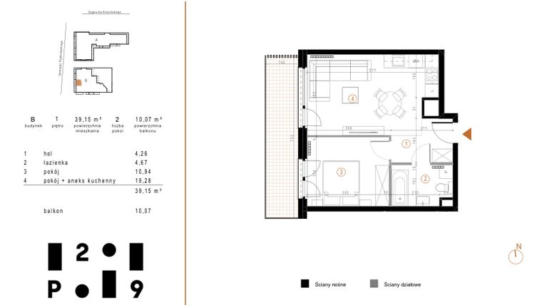 Rzut - Mieszkanie na sprzedaż 2 pokoje o powierzchni 39,15 m² - numer B3 w Paderewskiego 29