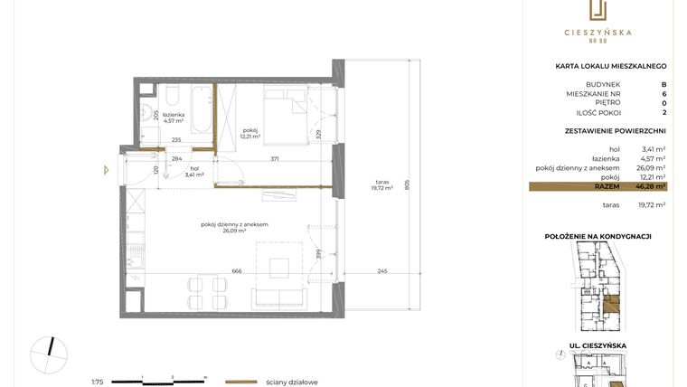 Rzut - Mieszkanie na sprzedaż 2 pokoje o powierzchni 46,2 m² - numer B-6 w Cieszyńska 9 budynek B i C