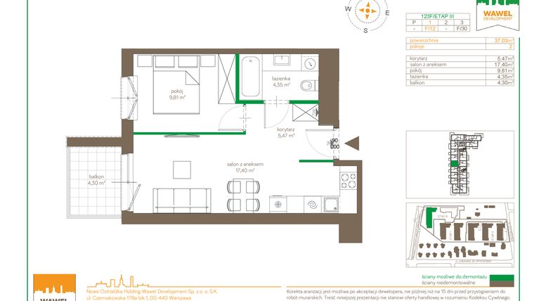 Rzut - Mieszkanie na sprzedaż 2 pokoje o powierzchni 37,03 m² - numer F/12 w Ostródzka 123 - III etap
