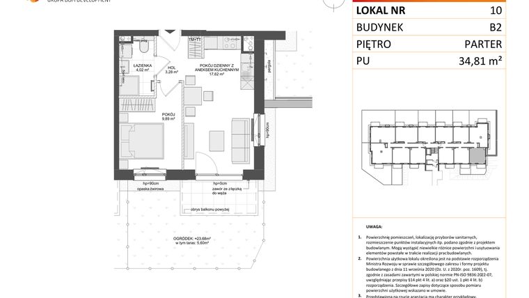Rzut - Mieszkanie na sprzedaż 2 pokoje o powierzchni 34,81 m² - numer B2.10 w Osiedle Przy Błoniach 3 etap III
