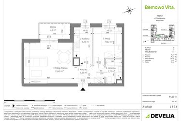 Rzut - Mieszkanie na sprzedaż 2 pokoje o powierzchni 44,1 m² - numer B3/1/B33 w Bemowo Vita