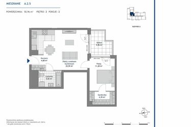 Rzut - Mieszkanie na sprzedaż 2 pokoje o powierzchni 50,96 m² - numer A.2.5 w Linea bud. A