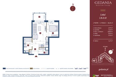 Rzut - Mieszkanie na sprzedaż 2 pokoje o powierzchni 38,2 m² - numer I.B.2.12 w GEDANIA Riverside Living - apartamenty inwestycyjne