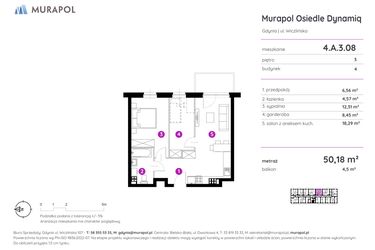 Rzut - Mieszkanie na sprzedaż 2 pokoje o powierzchni 50,18 m² - numer 4.A.3.08 w Murapol Osiedle Dynamiq