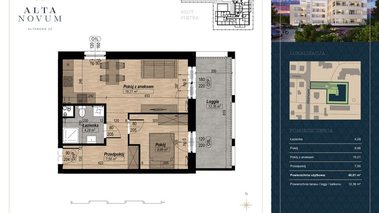 Rzut - Mieszkanie na sprzedaż 2 pokoje o powierzchni 40,01 m² - numer 2 w Alta Novum