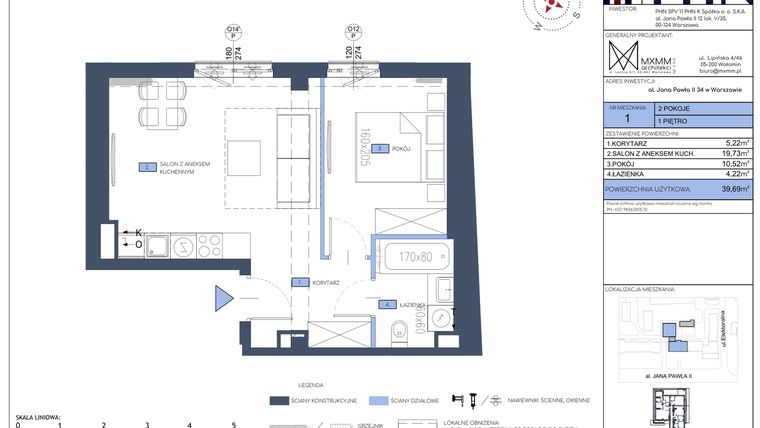 Rzut - Mieszkanie na sprzedaż 2 pokoje o powierzchni 39,69 m² - numer 1 w Apartamenty Jana Pawła 34