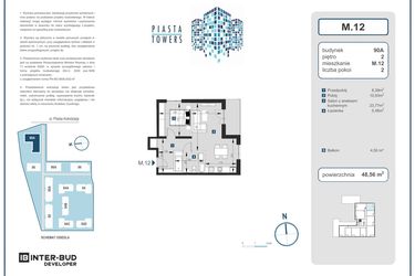 Rzut - Mieszkanie na sprzedaż 2 pokoje o powierzchni 48,56 m² - numer 12 w Piasta Towers bud. 90A