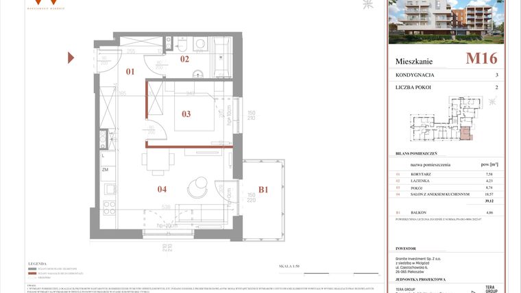 Rzut - Mieszkanie na sprzedaż 2 pokoje o powierzchni 39,12 m² - numer M16 w Warszawskie Wzgórze