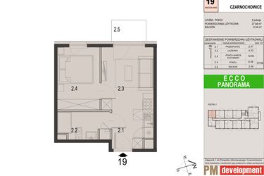 Rzut - Mieszkanie na sprzedaż 2 pokoje o powierzchni 27,68 m² - numer 19C w Ecco Panorama etap II budynki C, D