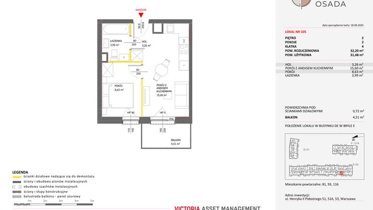 Rzut - Mieszkanie na sprzedaż 2 pokoje o powierzchni 32,2 m² - numer E.105 w Piastova Osada