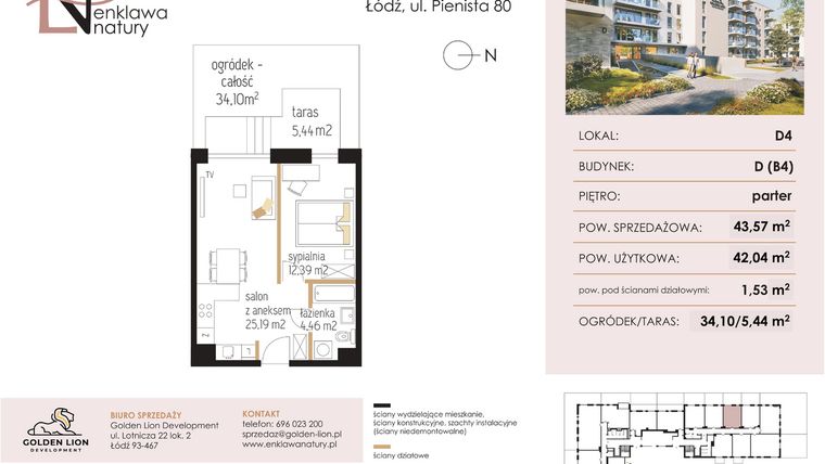 Rzut - Mieszkanie na sprzedaż 2 pokoje o powierzchni 43,57 m² - numer D4 w Enklawa Natury