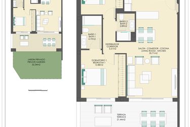 Rzut - Mieszkanie na sprzedaż 2 pokoje o powierzchni 150,43 m² - numer B30A w Arrecife by UrbinCasa