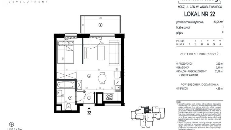 Rzut - Mieszkanie na sprzedaż 1 pokój o powierzchni 30,25 m² - numer A22 w Wróblewskiego