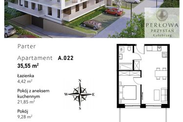 Rzut - Mieszkanie na sprzedaż 2 pokoje o powierzchni 35,55 m² - numer A.022 w Perłowa Przystań - Kołobrzeg - etap II