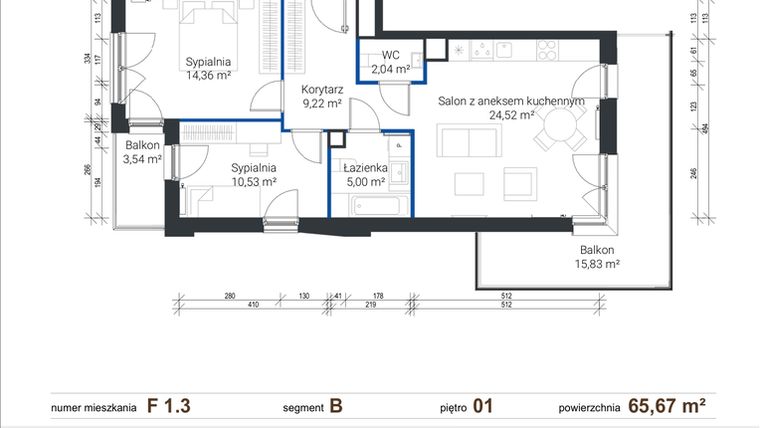Rzut - Mieszkanie na sprzedaż 3 pokoje o powierzchni 65,67 m² - numer F 1.3 w Nowe Zabłocie