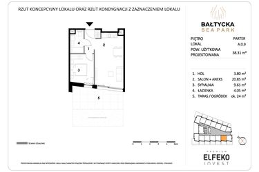 Rzut - Mieszkanie na sprzedaż 2 pokoje o powierzchni 38,31 m² - numer A.0.9 w Bałtycka Sea Park