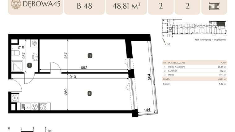 Rzut - Lokal użytkowy na sprzedaż 2 pokoje o powierzchni 48,81 m² - numer B.48 - LU9 w Dębowa 45