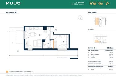 Rzut - Mieszkanie na sprzedaż 2 pokoje o powierzchni 33,38 m² - numer M01 w Reneta
