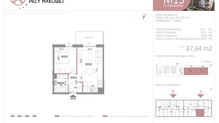 Rzut - Mieszkanie na sprzedaż 2 pokoje o powierzchni 37,64 m² - numer 13 w Przy Makowej