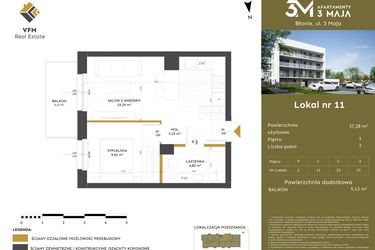 Rzut - Mieszkanie na sprzedaż 2 pokoje o powierzchni 37,28 m² - numer 11 w Apartamenty 3 Maja