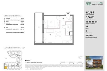 Rzut - Mieszkanie na sprzedaż 2 pokoje o powierzchni 41,55 m² - numer B/4/7 w Osiedle Mateckiego 4ALL