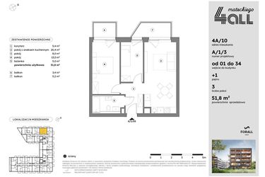 Rzut - Mieszkanie na sprzedaż 3 pokoje o powierzchni 51,76 m² - numer A/1/3 w Osiedle Mateckiego 4ALL