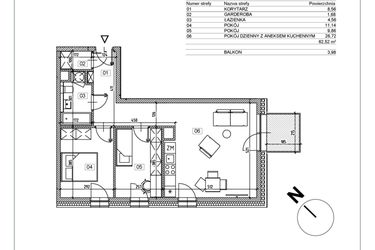 Rzut - Mieszkanie na sprzedaż 3 pokoje o powierzchni 61,79 m² - numer J.M08 w Osiedle Glivia Zachodnia