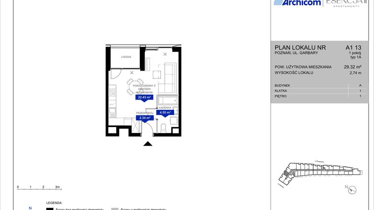 Rzut - Mieszkanie na sprzedaż 1 pokój o powierzchni 29,32 m² - numer A1.13 w Apartamenty Esencja II