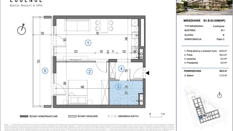 Rzut - Mieszkanie na sprzedaż 2 pokoje o powierzchni 50,6 m² - numer B1.B.03.52M(NP) w ESSENSE Baltic Resort&SPA 2