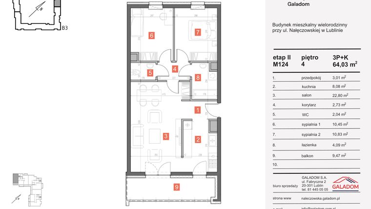 Rzut - Mieszkanie na sprzedaż 3 pokoje o powierzchni 64,03 m² - numer M-124 w Nałęczowska etap II