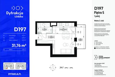 Rzut - Mieszkanie na sprzedaż 1 pokój o powierzchni 31,76 m² - numer D197 w Dyfrakcja Łódzka - bud. CD