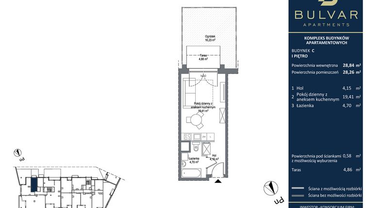 Rzut - Mieszkanie na sprzedaż 1 pokój o powierzchni 28,26 m² - numer C.2.04 w Bulvar Apartments - etap II