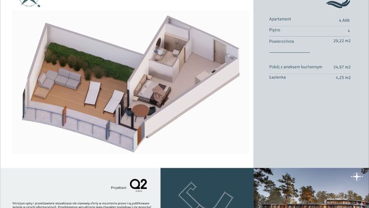 Rzut - Mieszkanie na sprzedaż 1 pokój o powierzchni 29,22 m² - numer 4.A06 w Linea Mare - apartamenty inwestycyjne