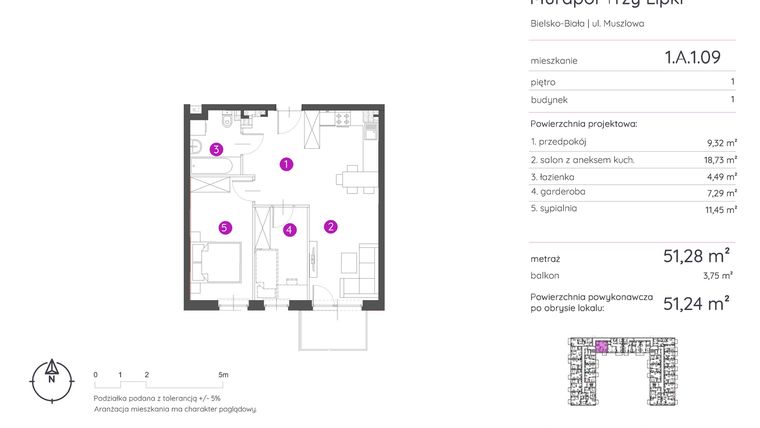 Rzut - Mieszkanie na sprzedaż 2 pokoje o powierzchni 51,24 m² - numer 1.A.1.09 w Murapol Trzy Lipki