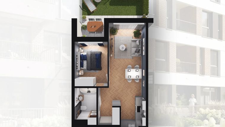 Rzut - Mieszkanie na sprzedaż 2 pokoje o powierzchni 43 m² - numer B2.9 w Quercus