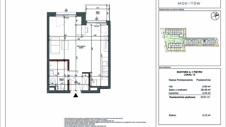 Rzut - Mieszkanie na sprzedaż 1 pokój o powierzchni 33,91 m² - numer 12 w Aura Mokotów II