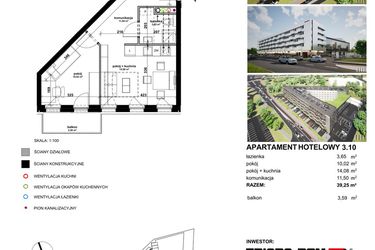 Rzut - Mieszkanie na sprzedaż 2 pokoje o powierzchni 39,44 m² - numer 3.10 w Apartamentowiec Zwycięska 3 - inwestycyjne