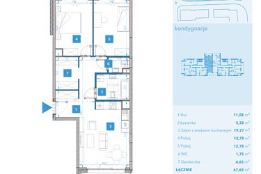 Rzut - Mieszkanie na sprzedaż 3 pokoje o powierzchni 67,69 m² - numer 1 w Apartamenty Macadamia