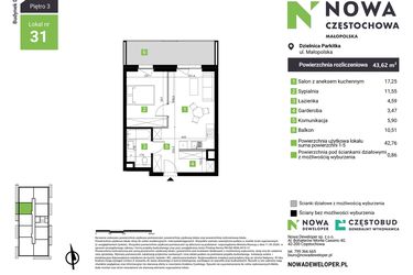 Rzut - Mieszkanie na sprzedaż 2 pokoje o powierzchni 43,62 m² - numer D31 w Nowa Częstochowa Małopolska etap II