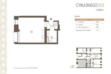 Rzut - Mieszkanie na sprzedaż 1 pokój o powierzchni 39,88 m² - numer 1 w Cybulskiego 20