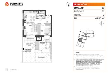 Rzut - Mieszkanie na sprzedaż 2 pokoje o powierzchni 43,8 m² - numer 23 w Leśna Góra