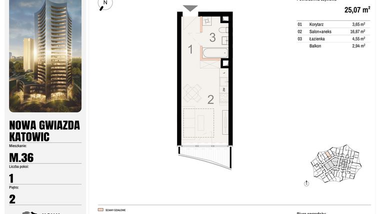 Rzut - Mieszkanie na sprzedaż 1 pokój o powierzchni 25,07 m² - numer M.36 w Nowa Gwiazda