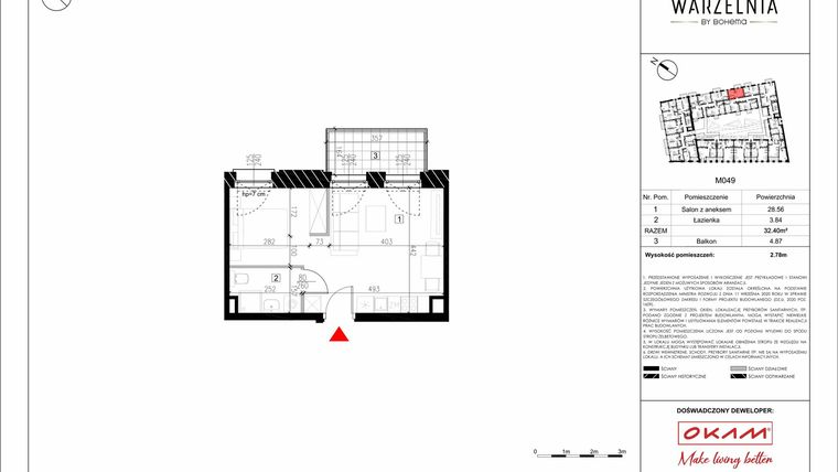 Rzut - Mieszkanie na sprzedaż 2 pokoje o powierzchni 32,65 m² - numer M049 w Warzelnia by Bohema
