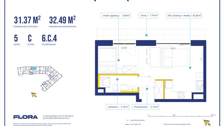 Rzut - Mieszkanie na sprzedaż 1 pokój o powierzchni 32,49 m² - numer 6C4 w Piotra 4