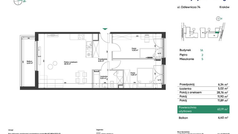 Rzut - Mieszkanie na sprzedaż 3 pokoje o powierzchni 63,91 m² - numer 1A_M5 w U Przybyszewskiego etap 4