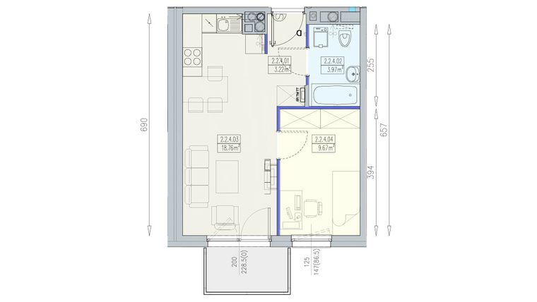 Rzut - Mieszkanie na sprzedaż 2 pokoje o powierzchni 35,62 m² - numer K1 2/2/4/2a w Południk 17 - budynek K1