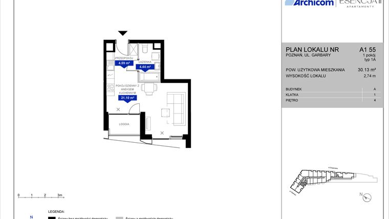 Rzut - Mieszkanie na sprzedaż 1 pokój o powierzchni 30,09 m² - numer A1.55 w Apartamenty Esencja II