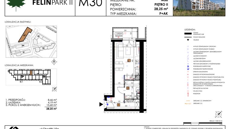 Rzut - Mieszkanie na sprzedaż 1 pokój o powierzchni 28,32 m² - numer M30 w Felin Park II etap 2