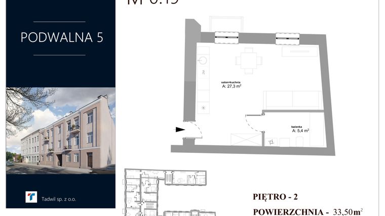 Rzut - Mieszkanie na sprzedaż 1 pokój o powierzchni 33,5 m² - numer M 0.19 w Podwalna 5