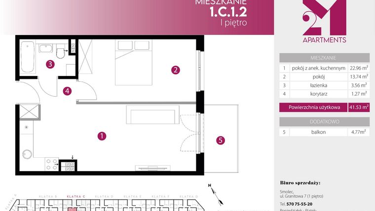 Rzut - Mieszkanie na sprzedaż 2 pokoje o powierzchni 41,53 m² - numer 1.C.1.2 w 2M Apartments etap IV